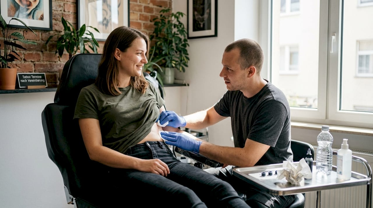 Der Tätowierer desinfiziert die Rippenpartie sorgfältig, bevor es mit dem Stechen losgeht.