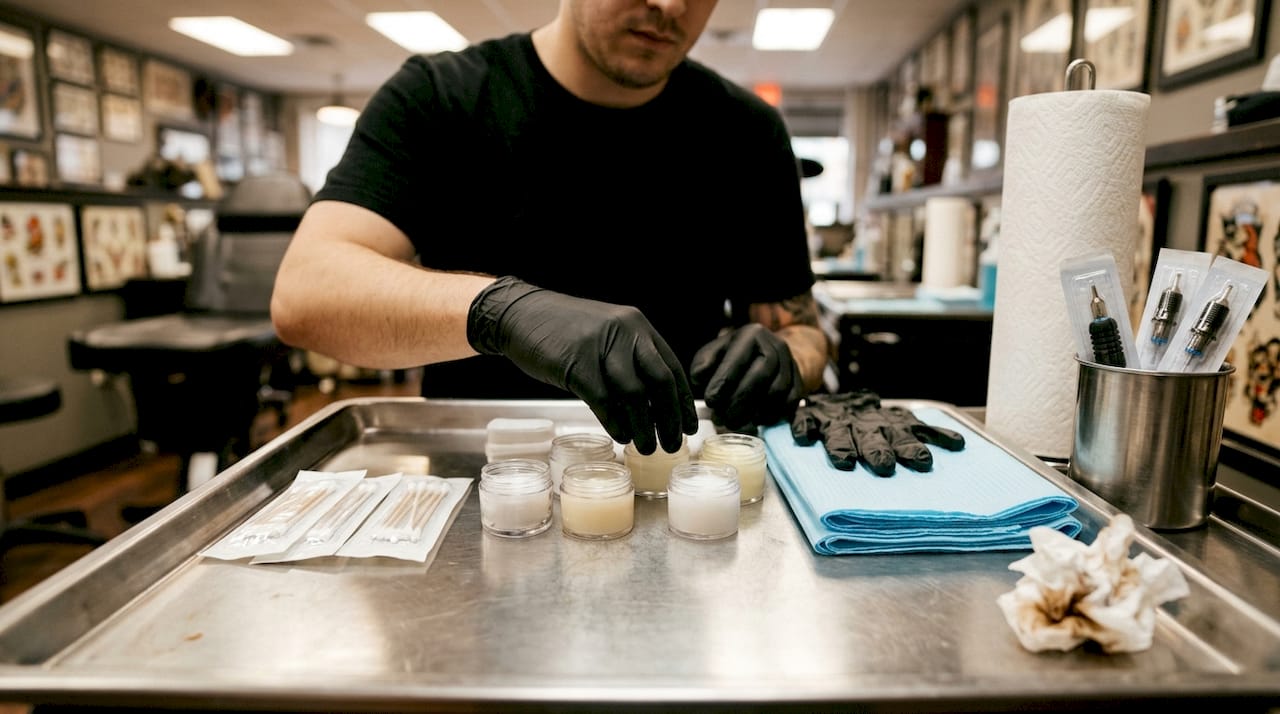 Der Tätowierer richtet die Station für die Betäubungscreme her.
