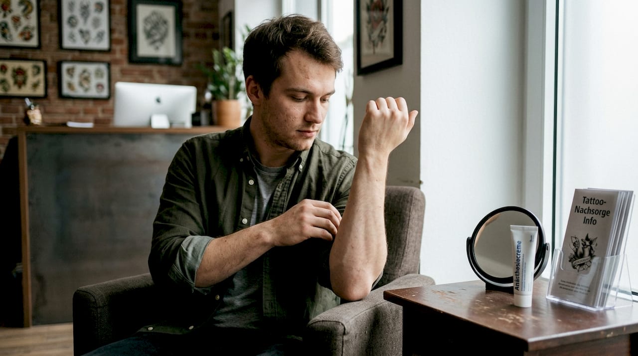 Vor dem Tätowieren prüft der Kunde die Haut sorgfältig, um sicherzugehen, dass alles in Ordnung ist.