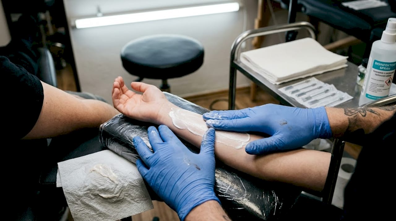 Nanášení znecitlivujícího krému před tetováním