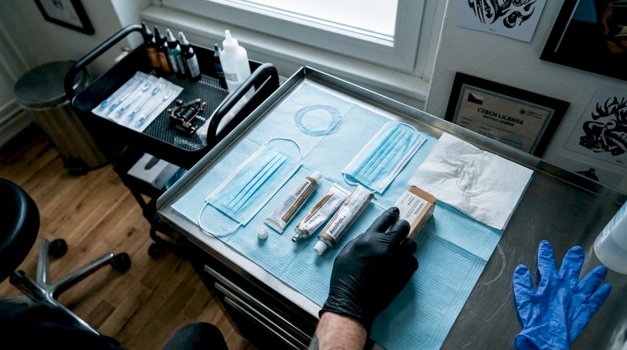 Stůl v tetovacím studiu s anestetickými krémy připravenými k použití