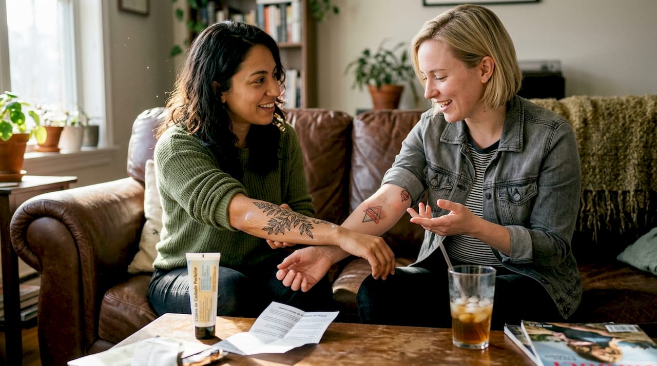Dos personas se muestran y comparan los tatuajes recién hechos en los antebrazos.