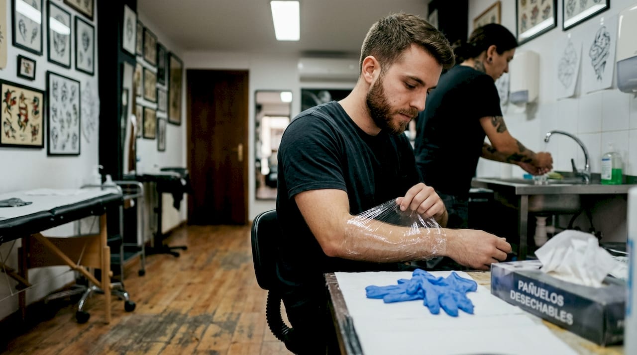 Colocación de un film protector sobre la crema antes de empezar el tatuaje