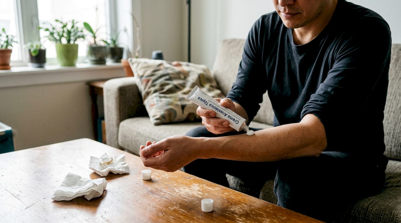 Aplicación de crema anestésica en el antebrazo con la mano