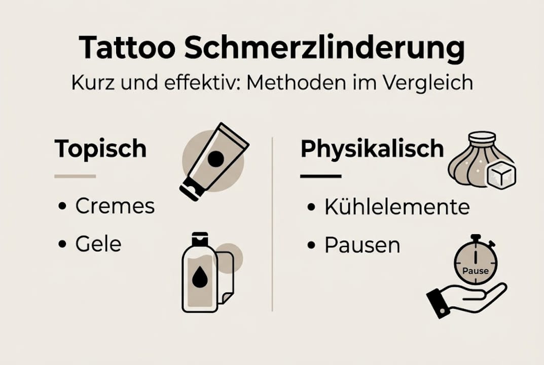 Die Infografik stellt verschiedene Methoden vor, um den Schmerz beim Tätowieren zu lindern.