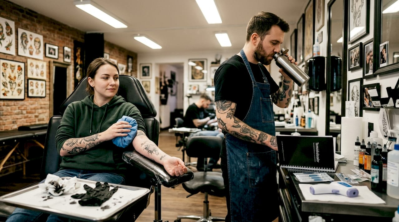 Nach dem Tätowieren kühlt der Kunde die frisch gestochene Haut.