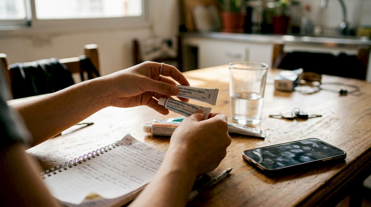 Manos comparando diferentes tipos de anestésicos tópicos