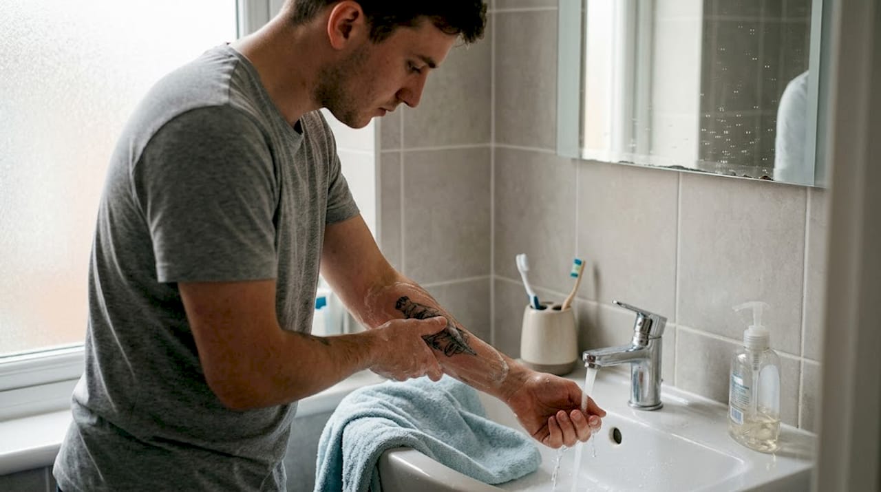 Una persona limpia con mucho cuidado su tatuaje recién hecho en el baño.