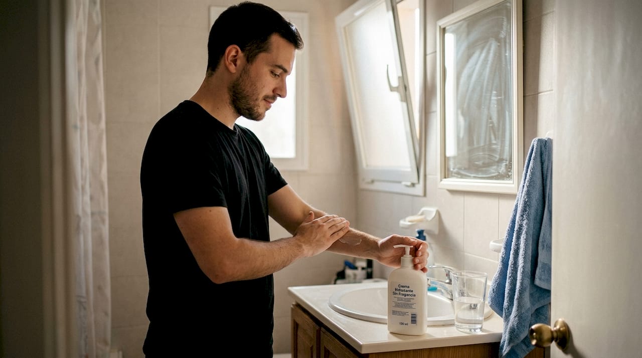 Antes de tatuarse, el hombre se aplica crema hidratante en el brazo para preparar la piel.