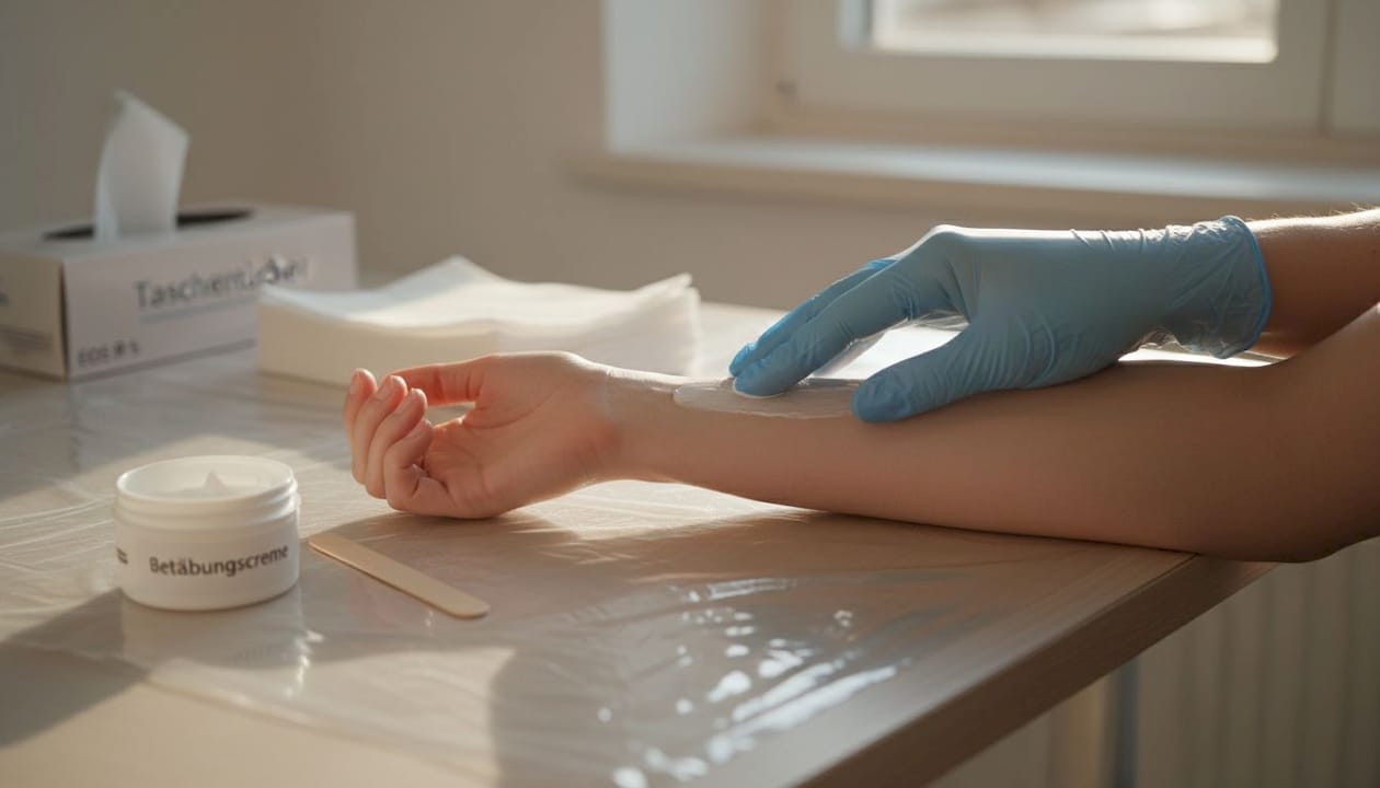 Eine Hand mit Handschuh trägt eine betäubende Creme auf den Unterarm auf.