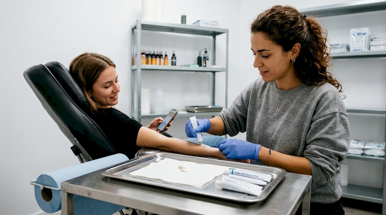 El asistente aplica crema anestésica en la piel antes de comenzar el tatuaje.