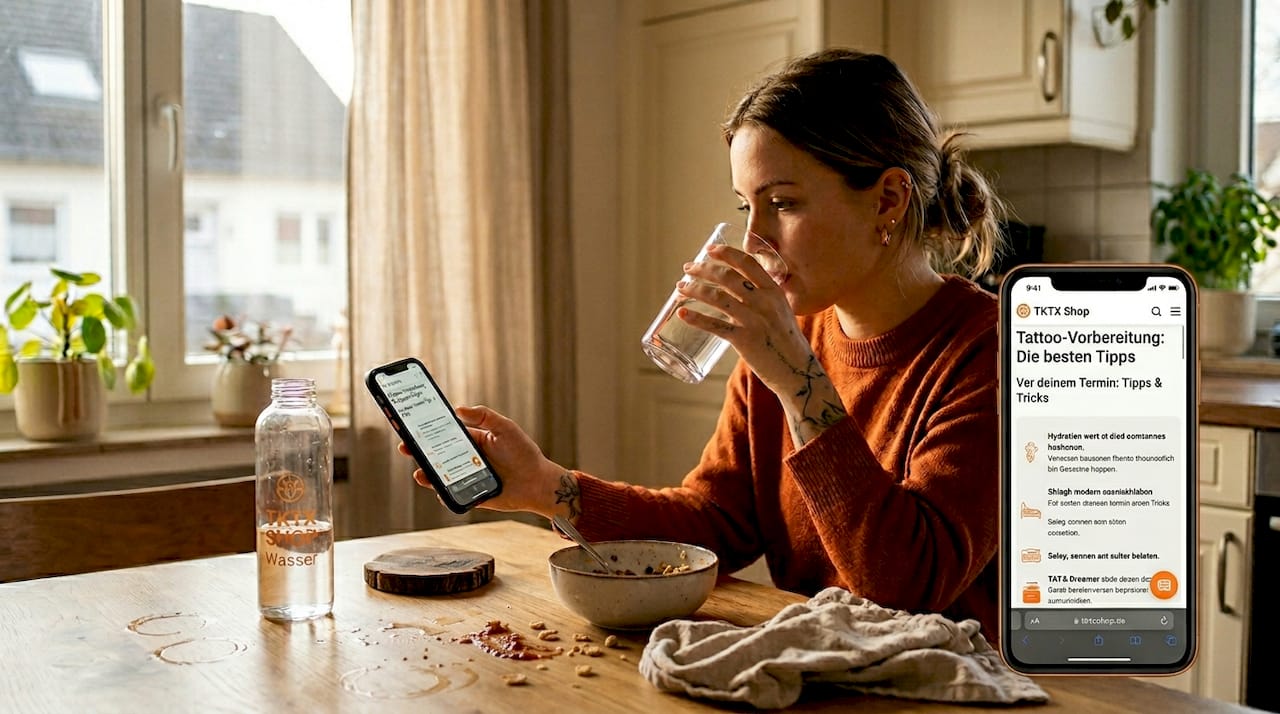 Eine Frau trinkt Wasser, um ihren Körper optimal auf das Tätowieren vorzubereiten.