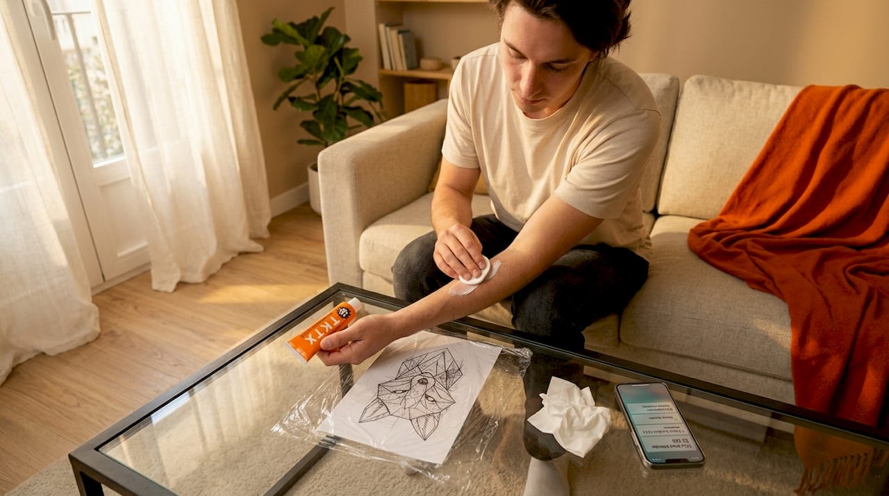 Persona aplicándose crema anestésica antes de hacerse un tatuaje.