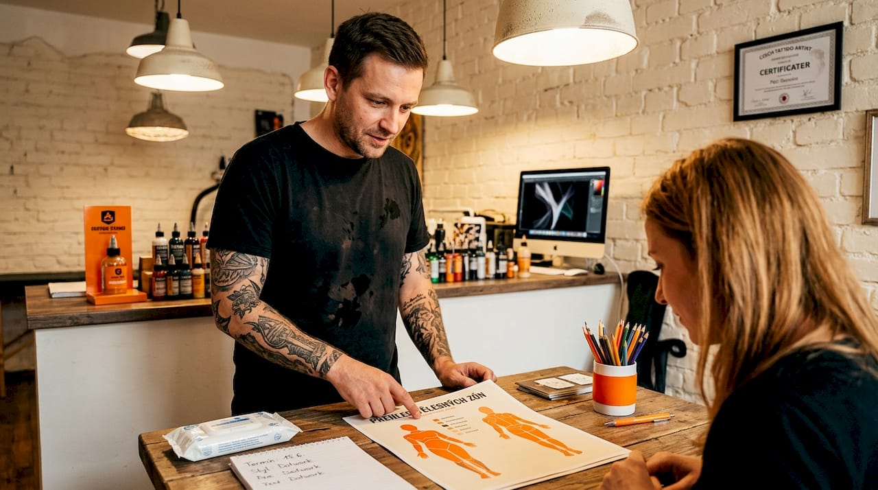 Tatér probírá možnosti umrtvení před tetováním