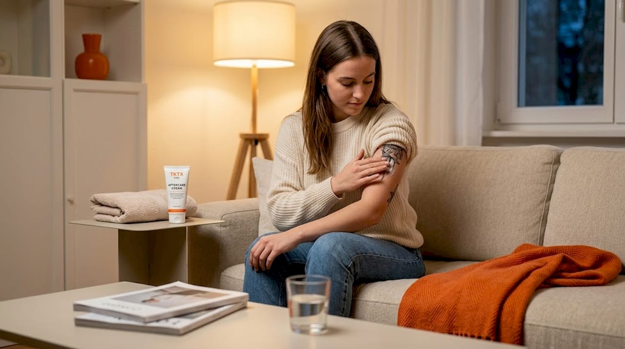 Eine Frau pflegt ihr frisches Tattoo zu Hause mit einer speziellen Nachbehandlungscreme.