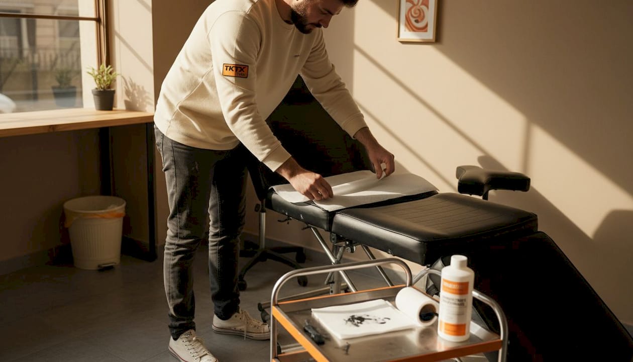 Colocando una sábana desechable para preparar la camilla de tatuajes