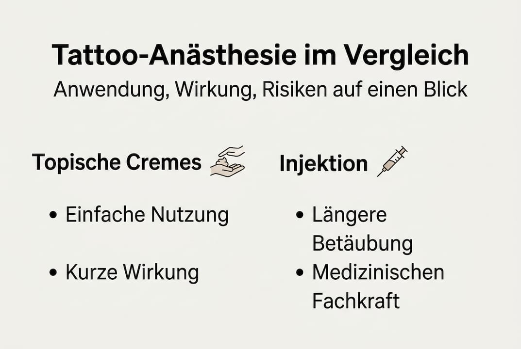 In dieser Infografik werden verschiedene Methoden der Betäubung beim Tätowieren anschaulich gegenübergestellt.