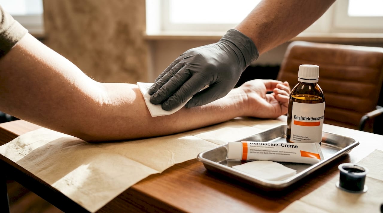 Mit Handschuhen wird der Arm sorgfältig desinfiziert, bevor das Tattoo gestochen wird.