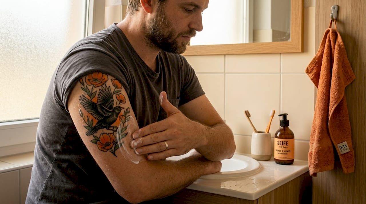 Ein Mann trägt im Badezimmer vorsichtig Creme auf sein frisch gestochenes Tattoo auf.