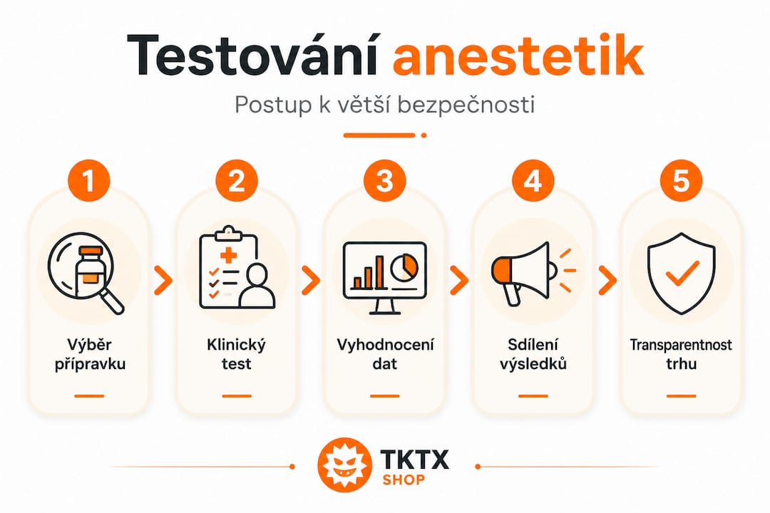 Přehledný obrázek ukazuje pět základních kroků při testování anestetik.