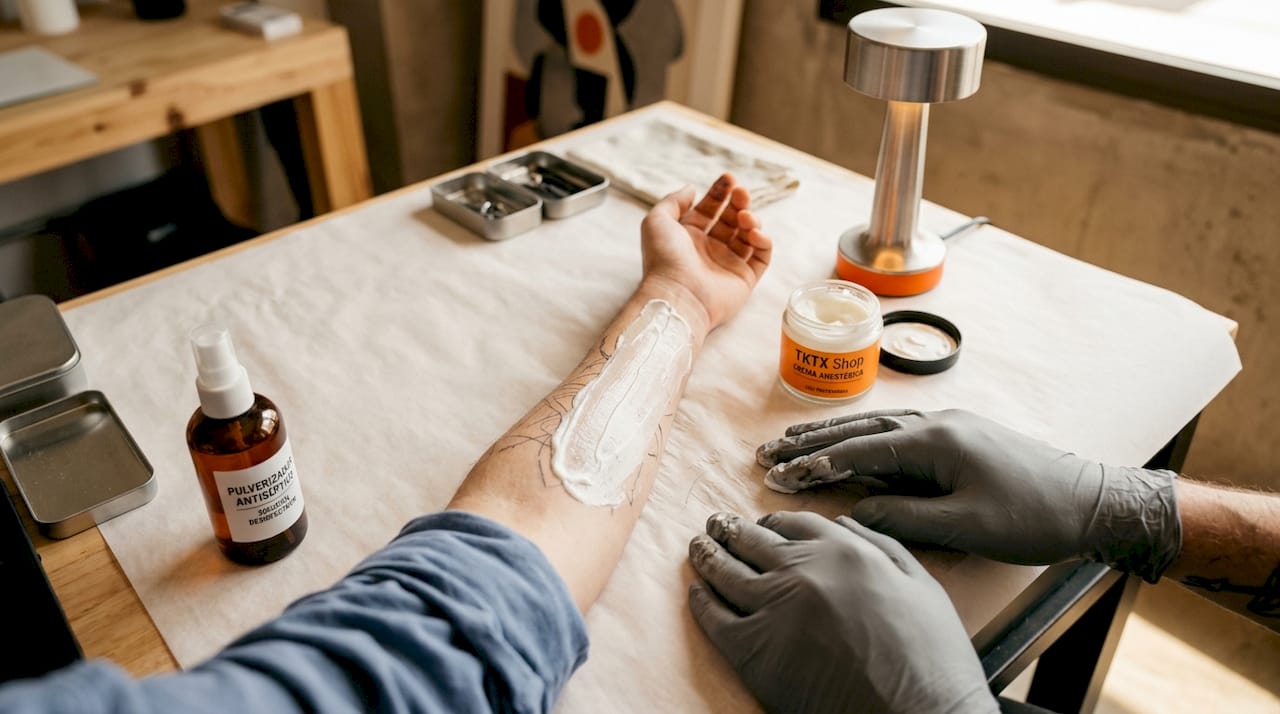 Antes de hacer el tatuaje, se aplica una crema anestésica sobre la piel para reducir las molestias.