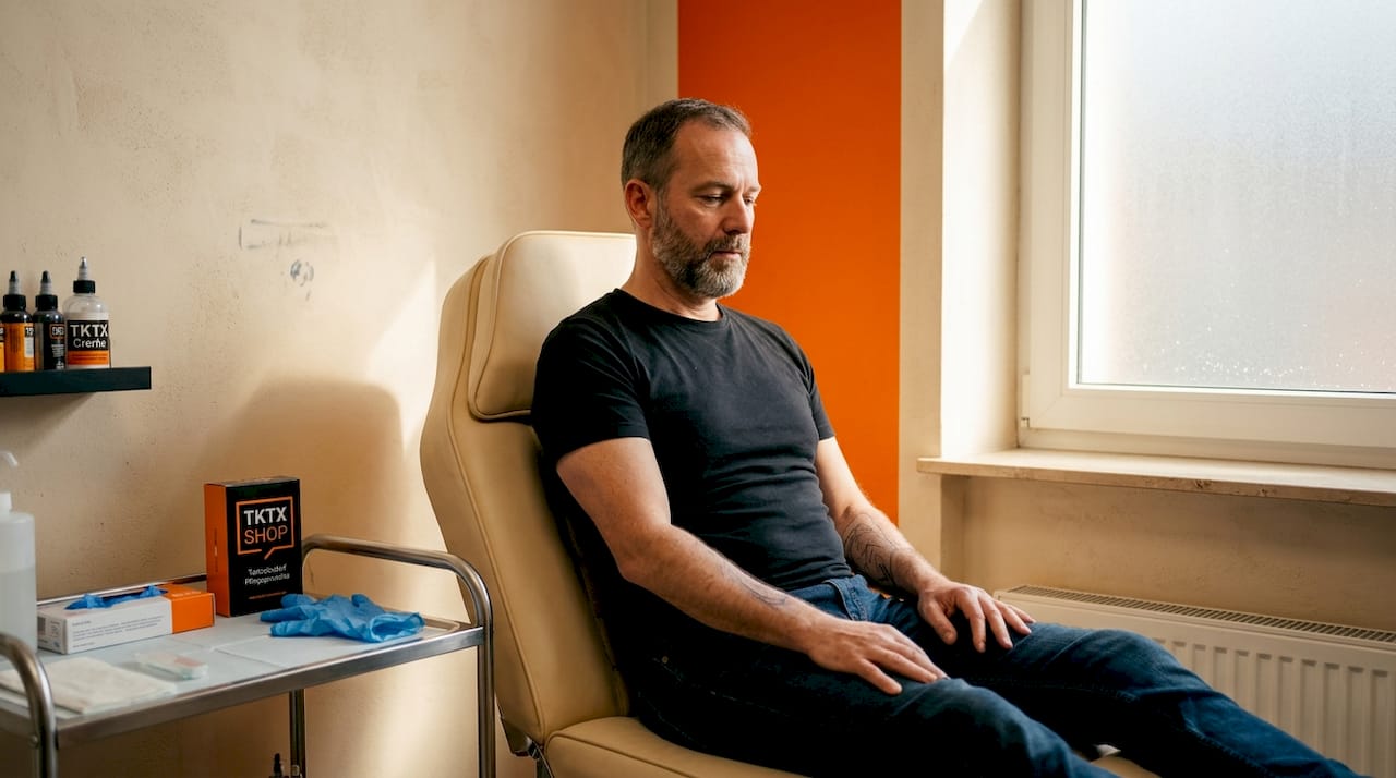 Ein Mann bereitet sich im Tattoo-Studio mit Atemübungen mental auf seine Tätowierung vor.