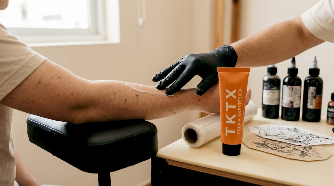 Manos extendiendo crema anestésica sobre el antebrazo