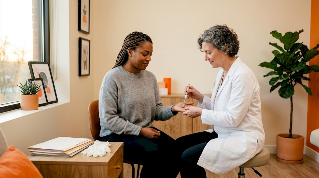 La dermatóloga realiza una revisión para comprobar la sensibilidad de la piel.