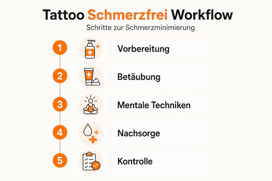 Diese Infografik zeigt dir, wie ein schmerzfreier Tattoo-Prozess abläuft – Schritt für Schritt erklärt.