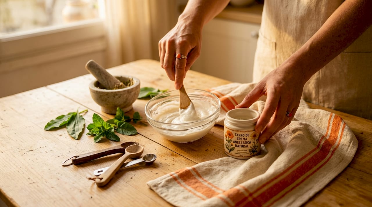 Manos elaborando una crema anestésica de origen natural