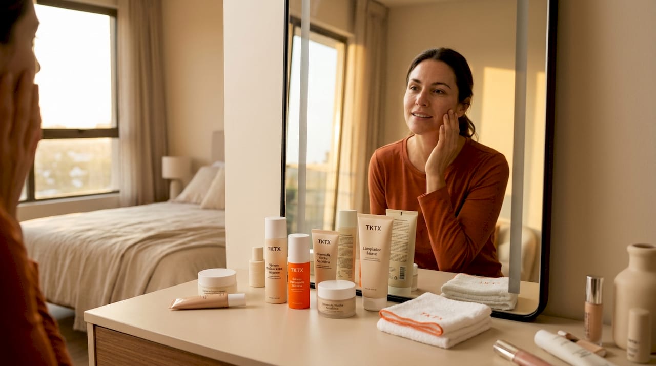 Mujer revisando su rutina de cuidado facial
