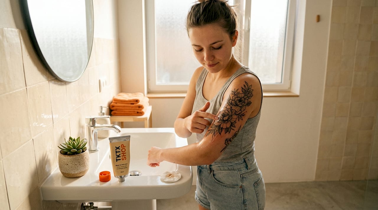 Žena si opatrně osušuje čerstvé tetování jako součást péče po jeho aplikaci.