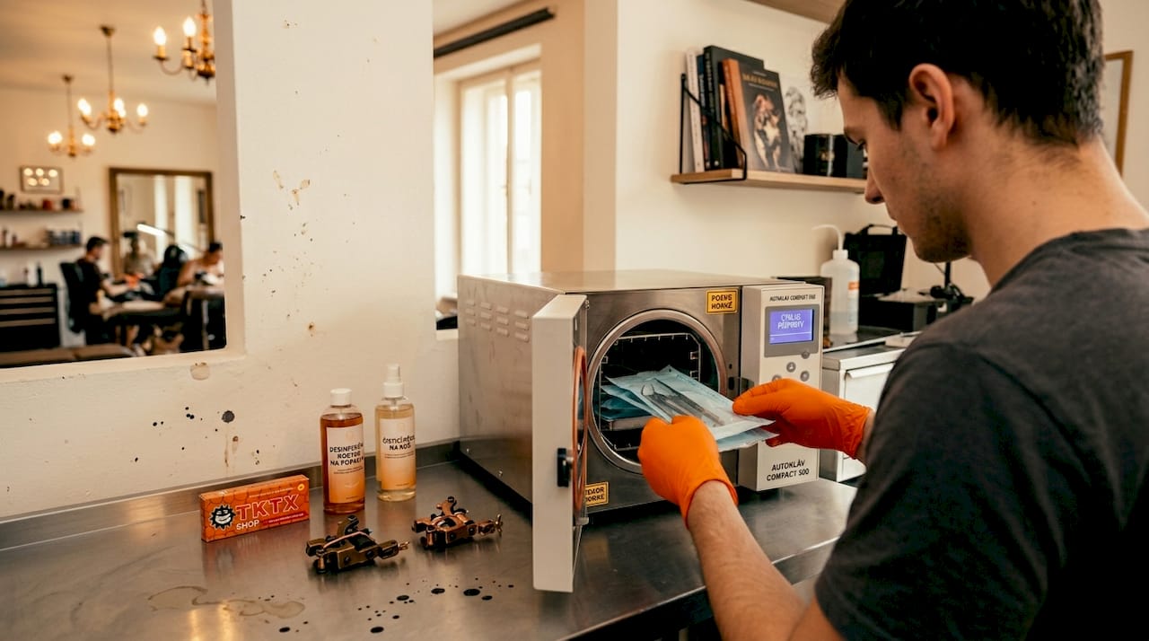 Odborník v tetovacím studiu obsluhuje sterilizátor, aby zajistil maximální hygienu nástrojů.