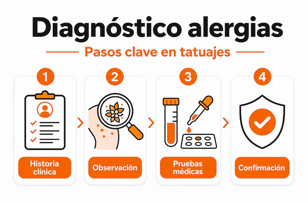 Infografía sobre el proceso de diagnóstico de alergias relacionadas con la anestesia y los tatuajes