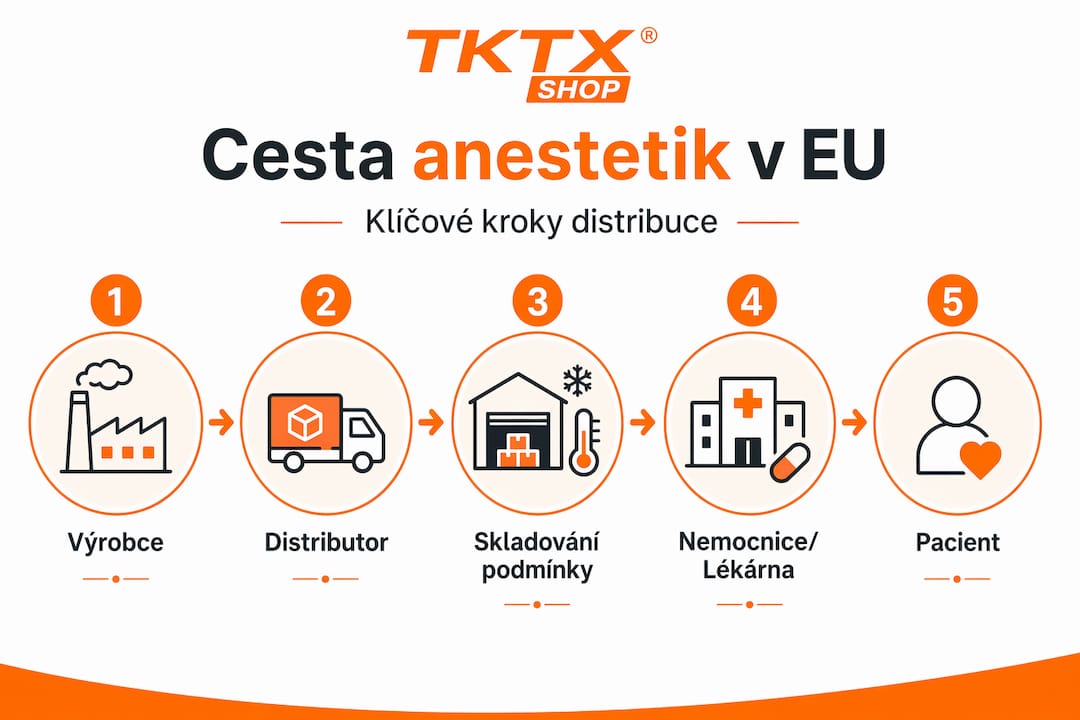 Infografika přehledně ukazuje, jak probíhá distribuce anestetik v rámci Evropské unie.