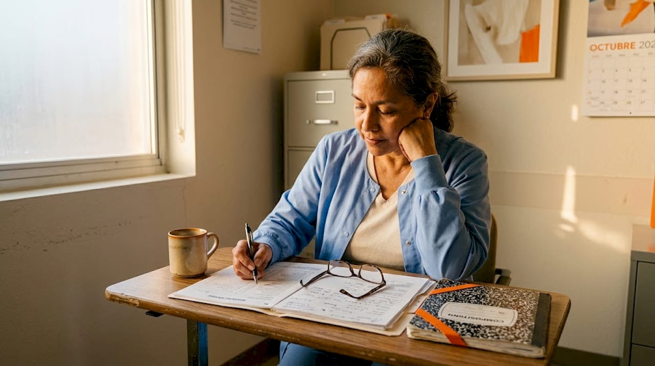 Médico revisando y completando la lista de verificación preanestésica en su escritorio.