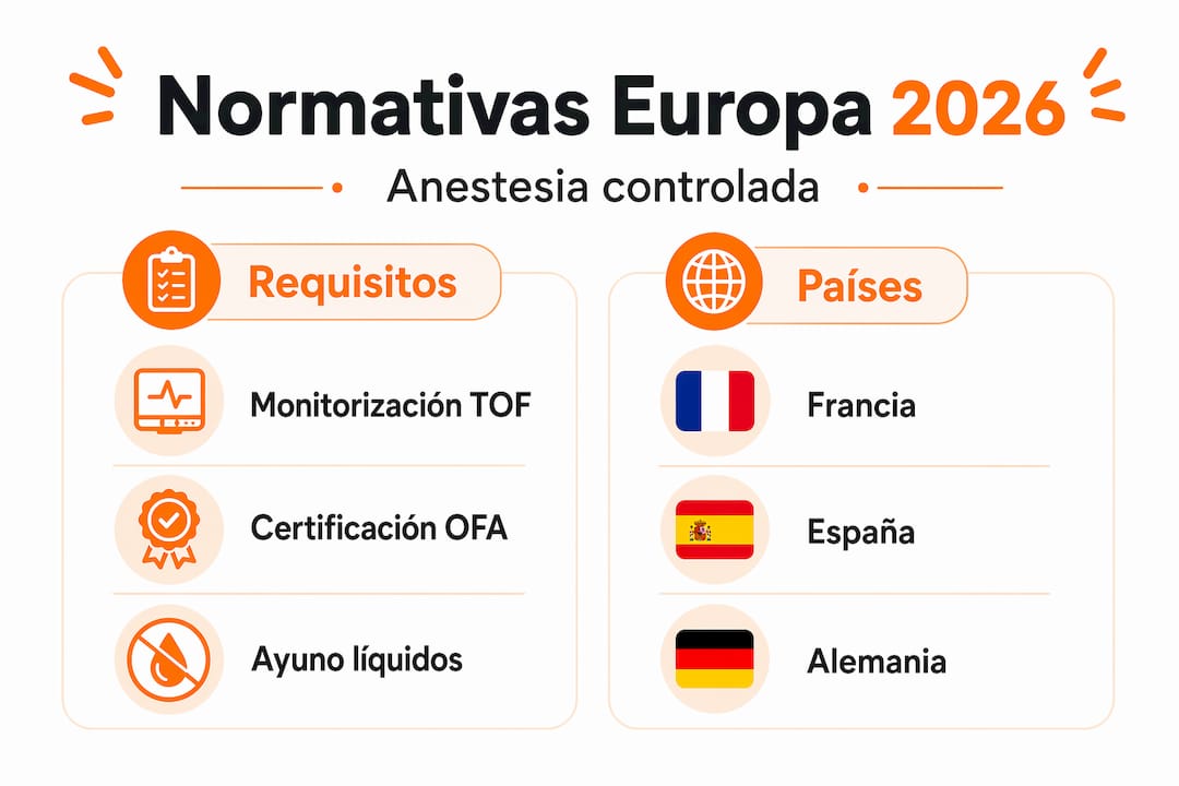 Infografía comparativa sobre las normativas de anestesia en Europa para 2026
