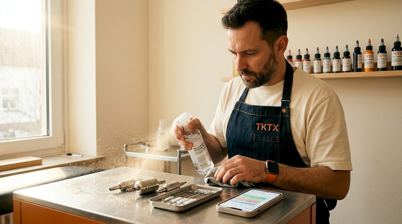 Reinigung und Desinfektion des Arbeitsplatzes im Tattoostudio