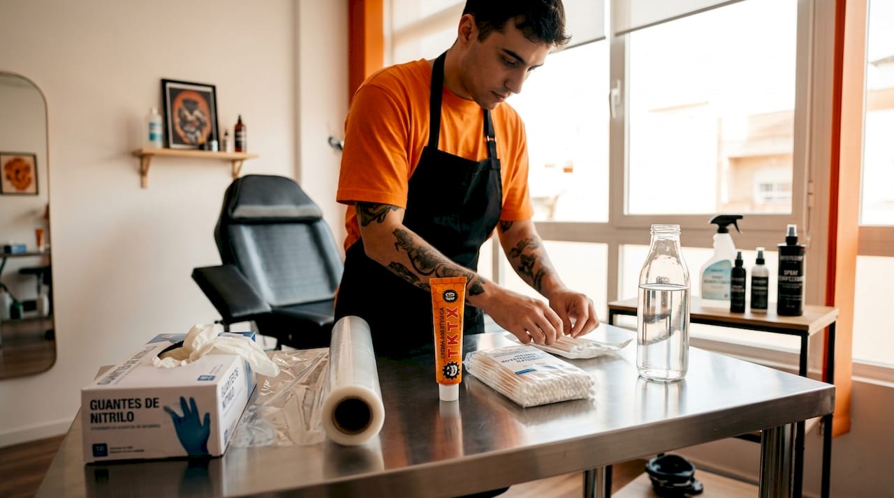 El tatuador prepara la crema y todo el material necesario antes de empezar.