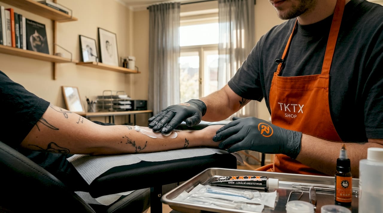 Nanesení lokálního anestetického krému na předloktí