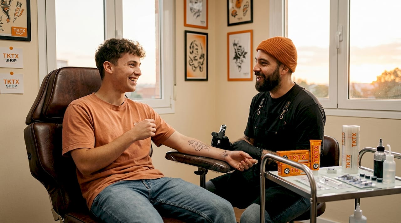 Un cliente sale encantado tras hacerse un tatuaje en el estudio