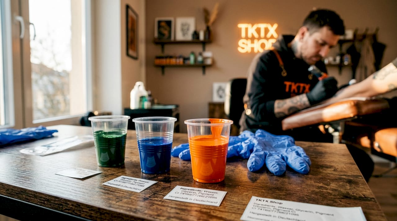 Dosen mit verschiedenen Tattoofarben und -zutaten