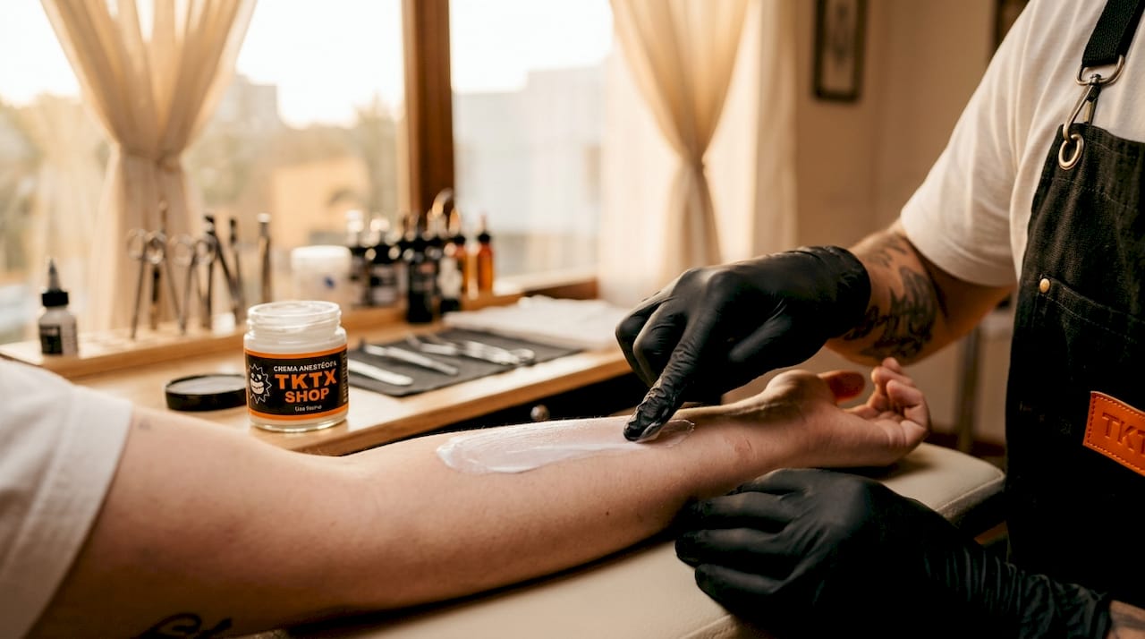 Aplicación de crema anestésica en la piel antes de realizar un tatuaje