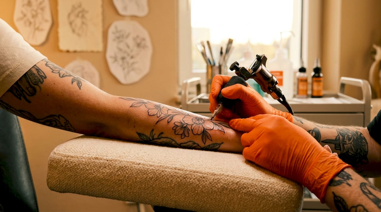 Detailreiche Tattoo-Session mit betäubender Creme für weniger Schmerzen