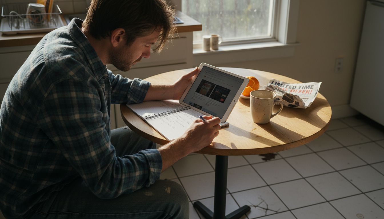 Customer deciding between online products at home