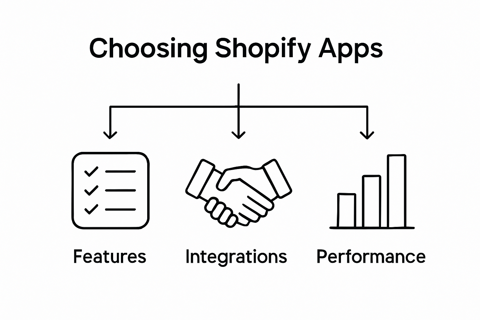 Infographic showing app selection features, integrations, performance