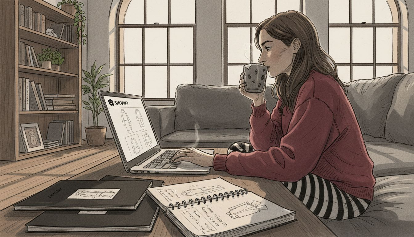 Shopper browsing Shopify site on laptop at home