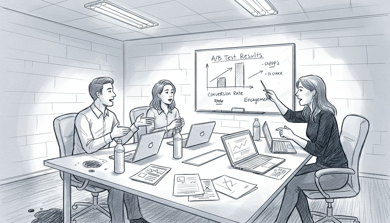 Team discussing A/B test results chart