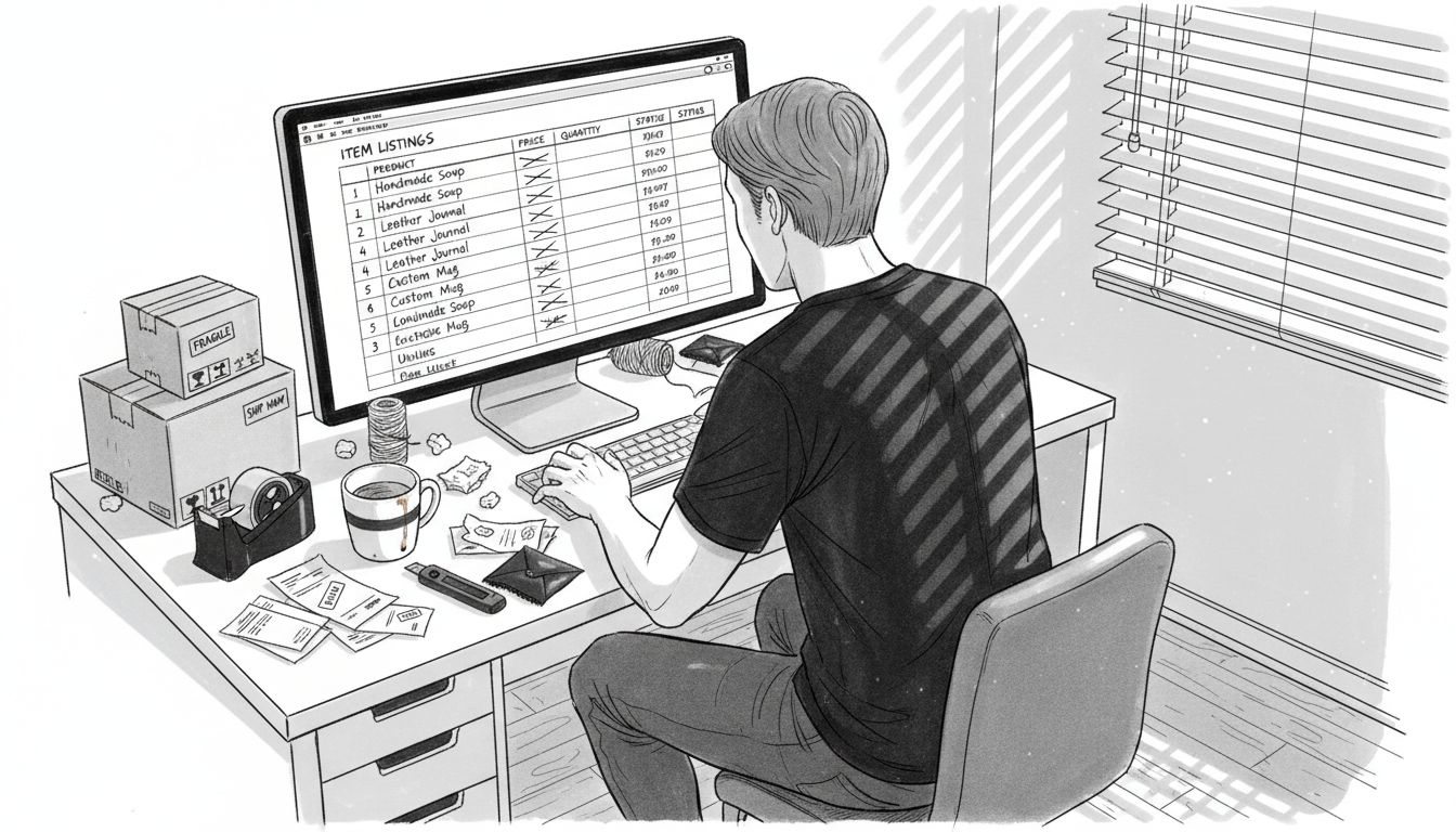 Shop owner updates product listings at computer
