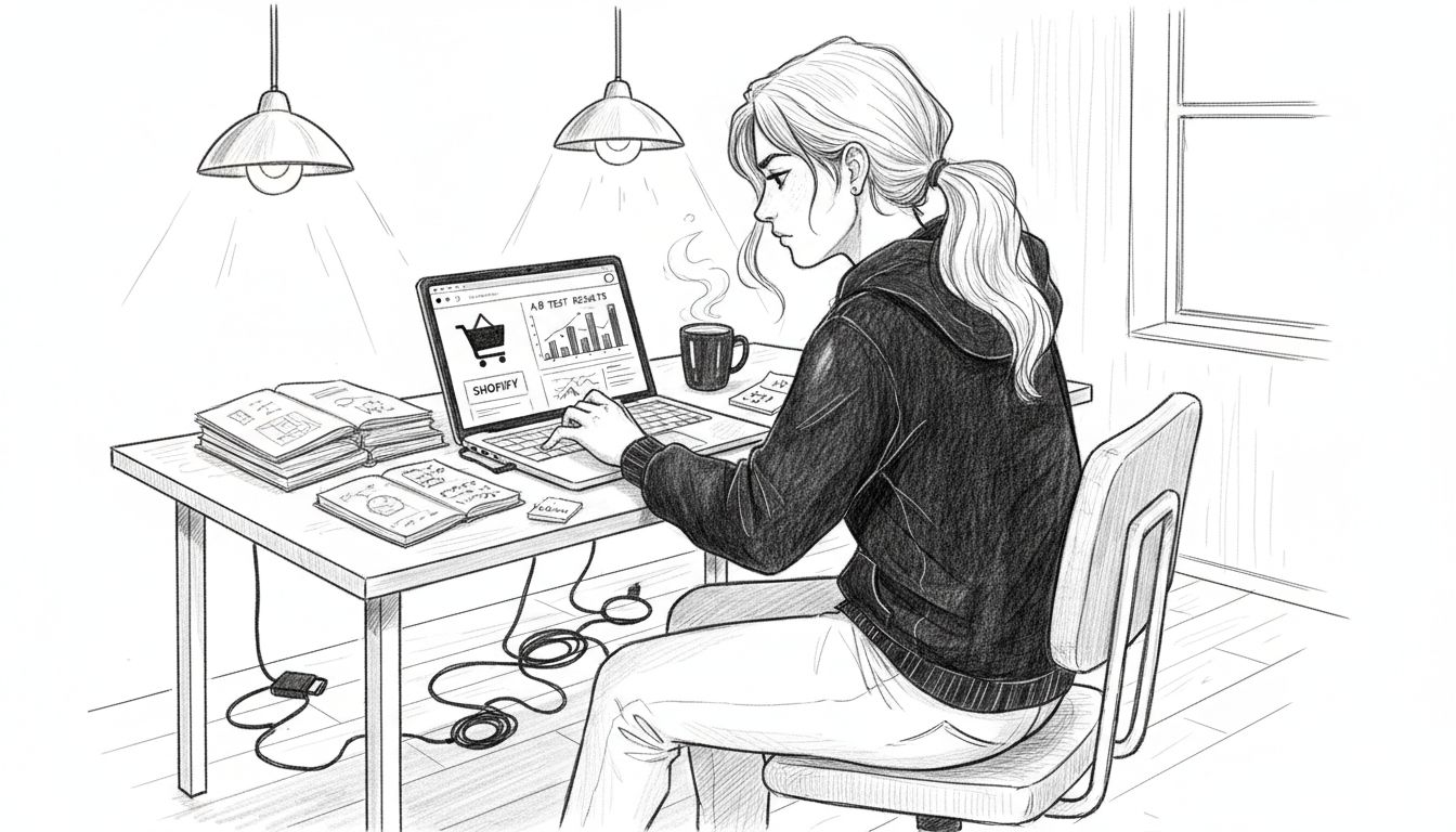 Woman reviewing AI A/B test results on laptop